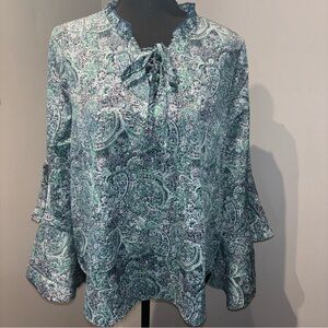 FRYE  LACE UP FLOUNCE SLEEVE BLOUSE Iconic Indigo Combo‎ Paisley Long Sleeve SzS